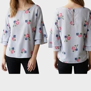 Indulge In Style Blouse Striped Floral 3/4 Bell Sleeves Womens Large Polyester
